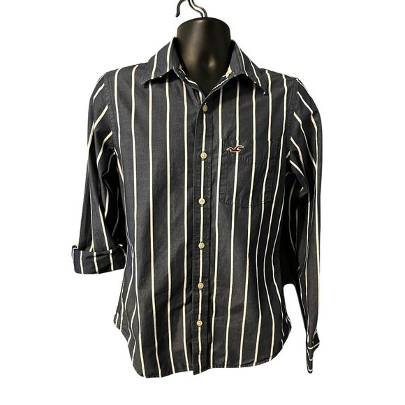 Mens Hollister Navy & White Striped Long Sleeve Button-Up Shirt Small 100% Cotto - Picture 2 of 5